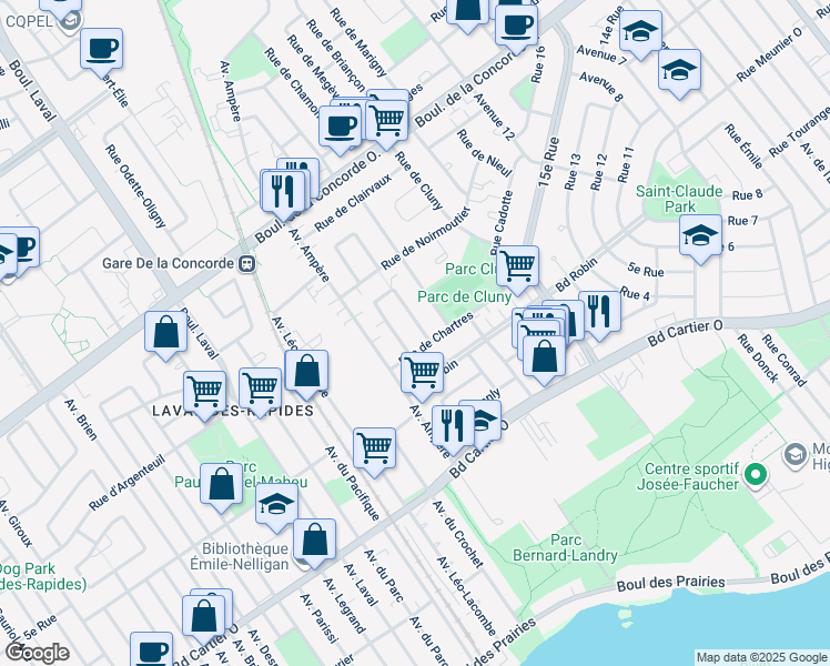 map of restaurants, bars, coffee shops, grocery stores, and more near 490 Rue de Largentière in Laval