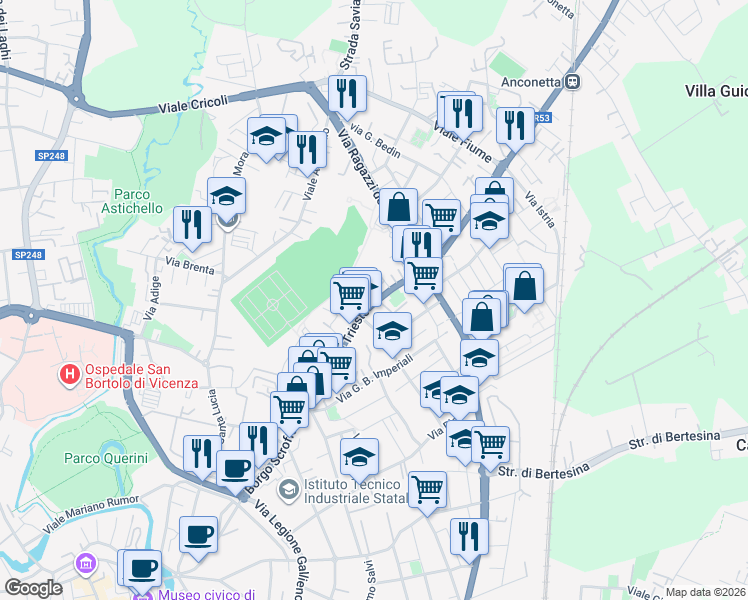 map of restaurants, bars, coffee shops, grocery stores, and more near 3 Via Alessandro Massaria in Vicenza