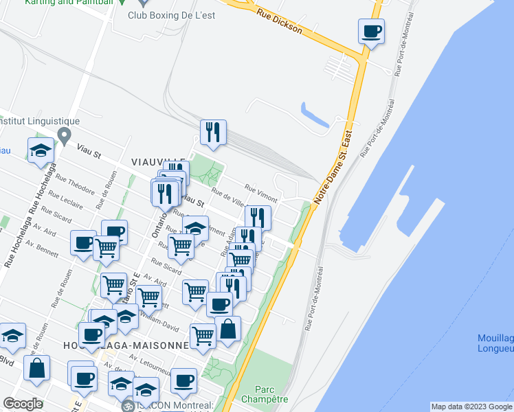 map of restaurants, bars, coffee shops, grocery stores, and more near 1481 Rue de Ville-Marie in Montréal