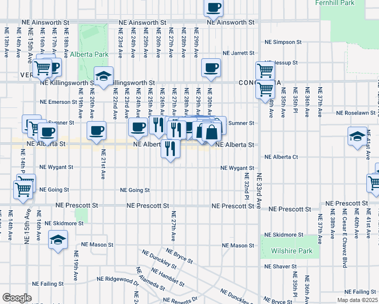 map of restaurants, bars, coffee shops, grocery stores, and more near 4821 Northeast 28th Avenue in Portland