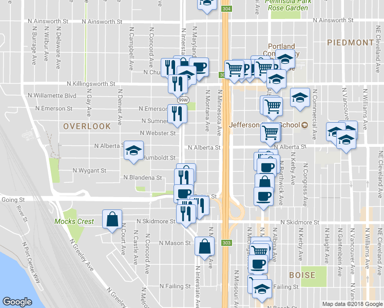 map of restaurants, bars, coffee shops, grocery stores, and more near 4818 North Interstate Avenue in Portland