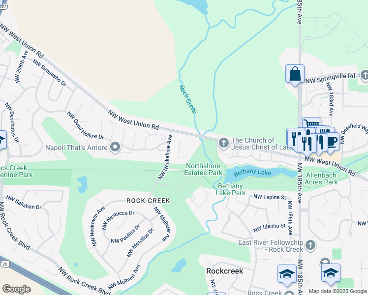 map of restaurants, bars, coffee shops, grocery stores, and more near 19495 Northwest Pondosa Court in Portland