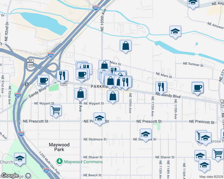map of restaurants, bars, coffee shops, grocery stores, and more near 4839 Northeast 106th Avenue in Portland
