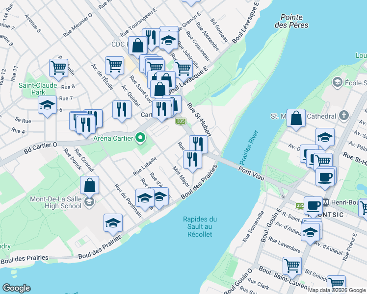 map of restaurants, bars, coffee shops, grocery stores, and more near 30 Rue d'Orly in Laval