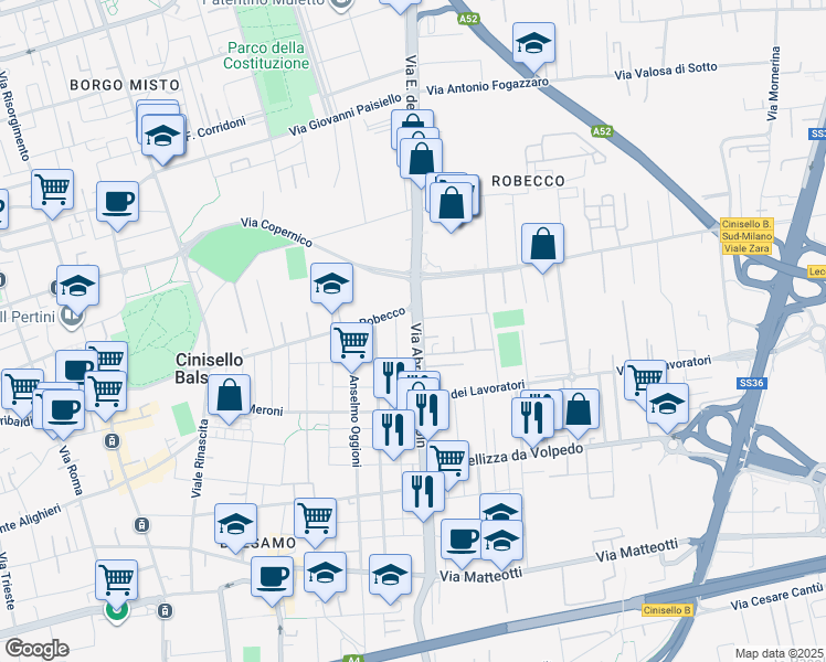 map of restaurants, bars, coffee shops, grocery stores, and more near 18 Via A. Catalani in Cinisello Balsamo