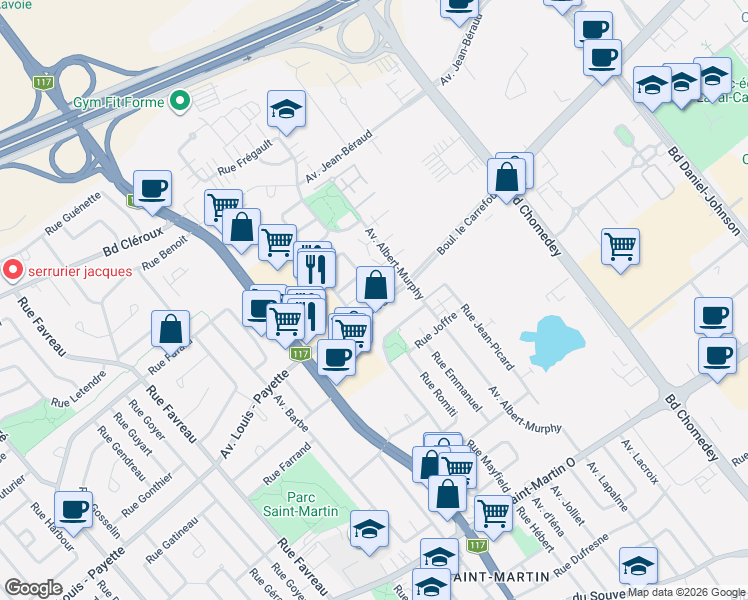 map of restaurants, bars, coffee shops, grocery stores, and more near 3815 Boulevard le Carrefour in Laval