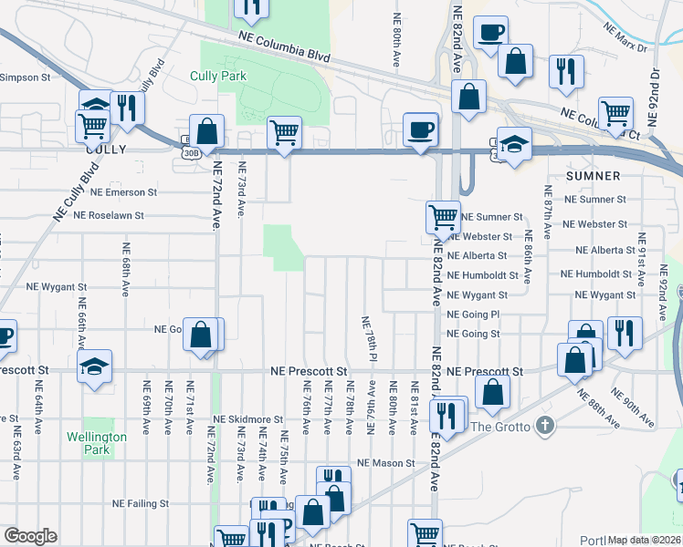 map of restaurants, bars, coffee shops, grocery stores, and more near 4905 Northeast 78th Avenue in Portland