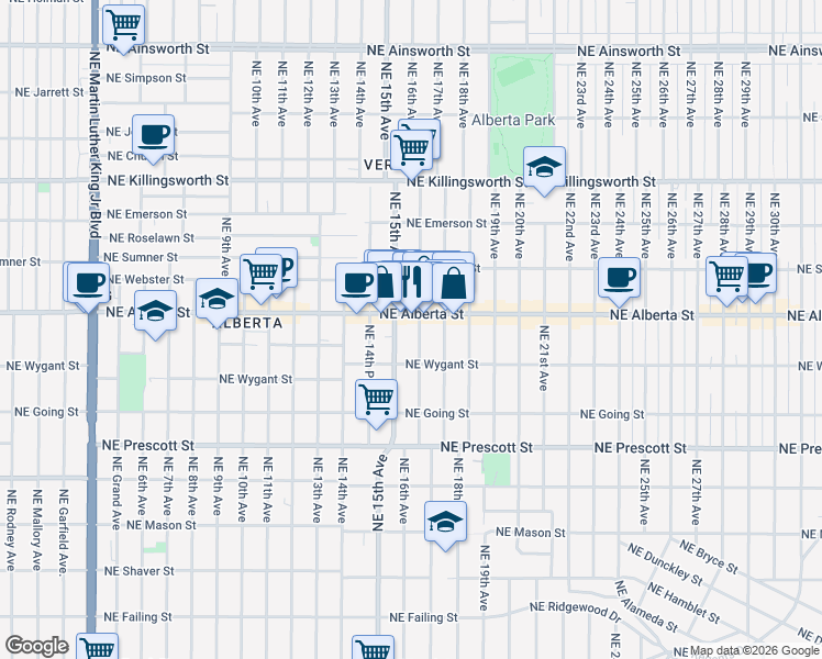 map of restaurants, bars, coffee shops, grocery stores, and more near 4923 Northeast 16th Avenue in Portland