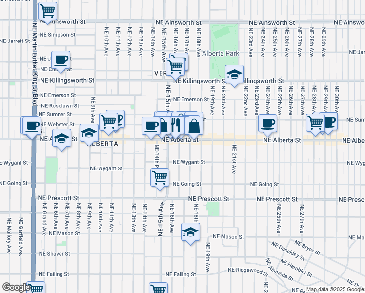 map of restaurants, bars, coffee shops, grocery stores, and more near 4920 Northeast 16th Avenue in Portland