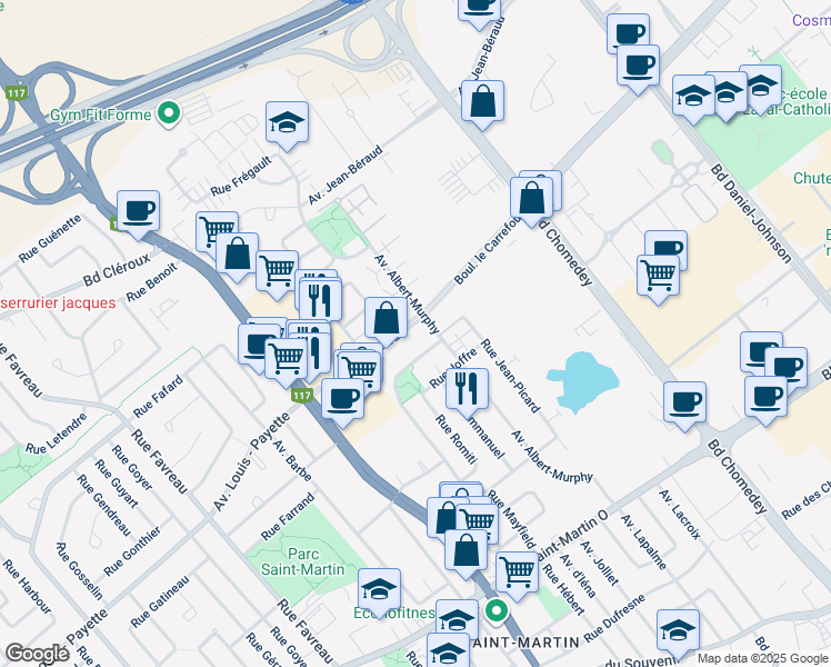 map of restaurants, bars, coffee shops, grocery stores, and more near 3800 Boulevard le Carrefour in Laval