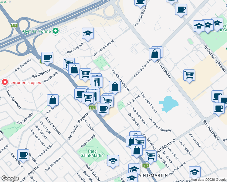 map of restaurants, bars, coffee shops, grocery stores, and more near 3815 Boulevard le Carrefour in Laval