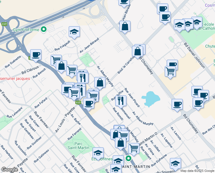 map of restaurants, bars, coffee shops, grocery stores, and more near 3800 Boulevard le Carrefour in Laval