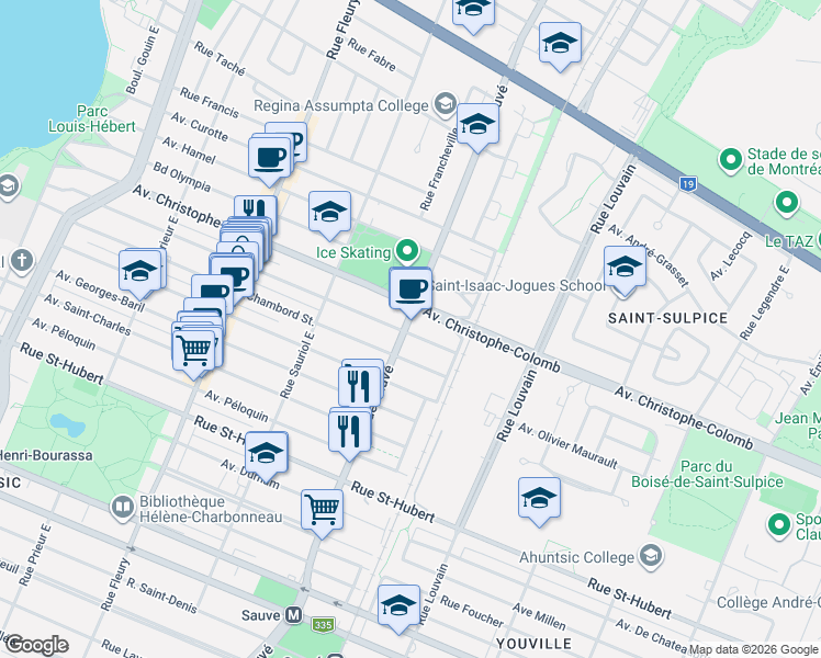 map of restaurants, bars, coffee shops, grocery stores, and more near 1358 Rue Sauvé Est in Montréal