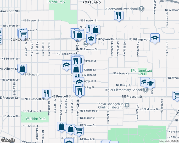 map of restaurants, bars, coffee shops, grocery stores, and more near 4302 Northeast Alberta Court in Portland