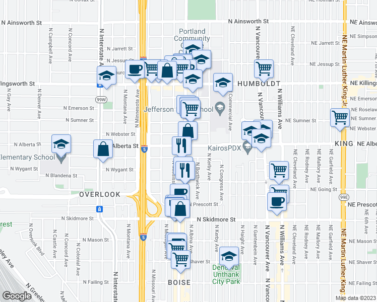 map of restaurants, bars, coffee shops, grocery stores, and more near 4824-4826 North Albina Avenue in Portland