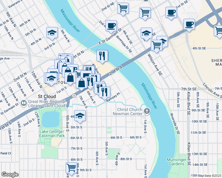 map of restaurants, bars, coffee shops, grocery stores, and more near 328 4th Avenue South in St. Cloud