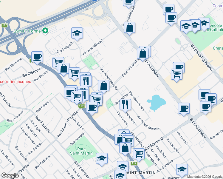 map of restaurants, bars, coffee shops, grocery stores, and more near 3800 Boulevard le Carrefour in Laval