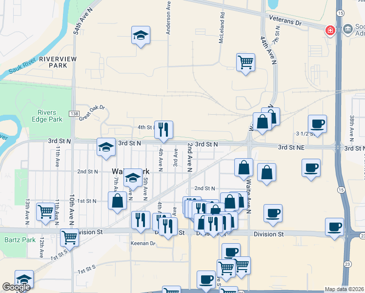 map of restaurants, bars, coffee shops, grocery stores, and more near 229 2nd Avenue Northeast in Waite Park
