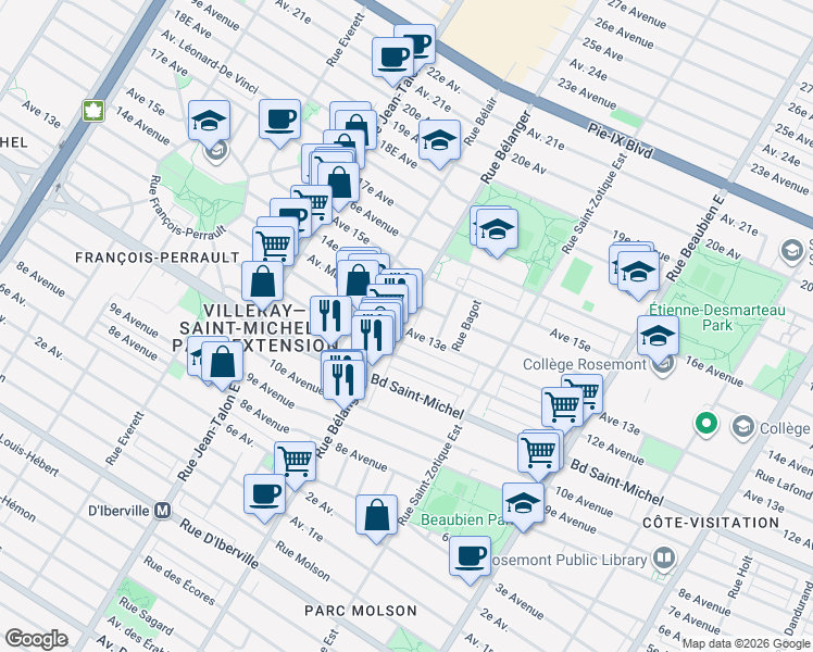map of restaurants, bars, coffee shops, grocery stores, and more near 6935 13e Avenue in Montréal