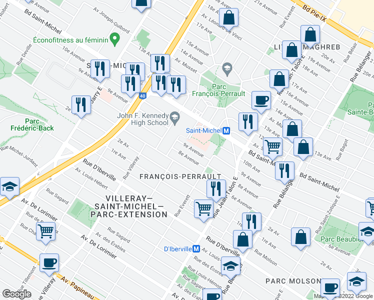 map of restaurants, bars, coffee shops, grocery stores, and more near 7410 9e Avenue in Montréal