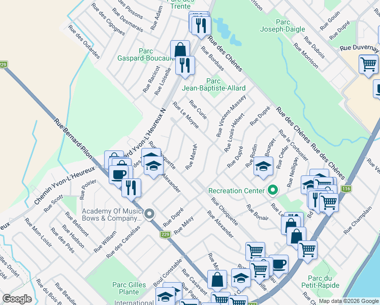 map of restaurants, bars, coffee shops, grocery stores, and more near 186 Rue Martel in Beloeil
