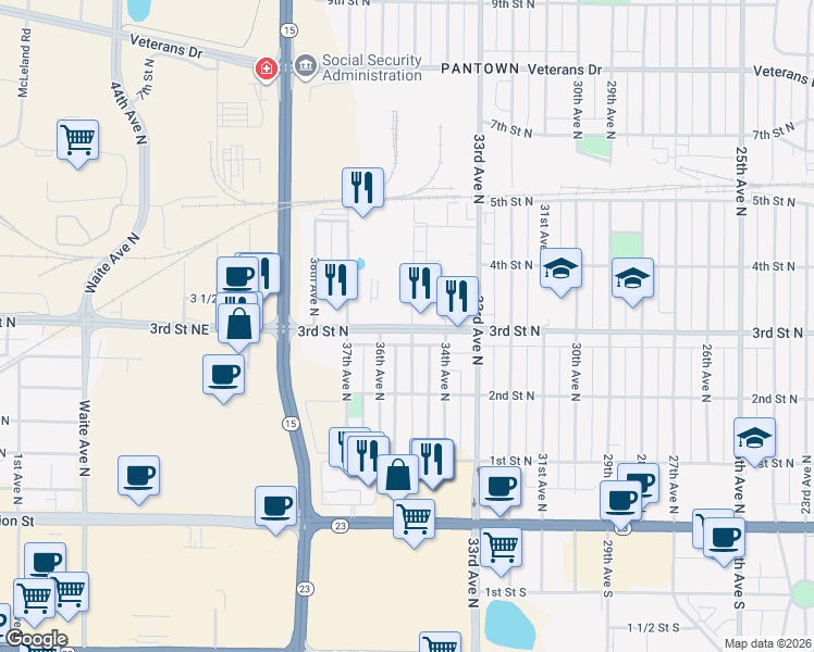 map of restaurants, bars, coffee shops, grocery stores, and more near 3515 3rd Street North in St. Cloud