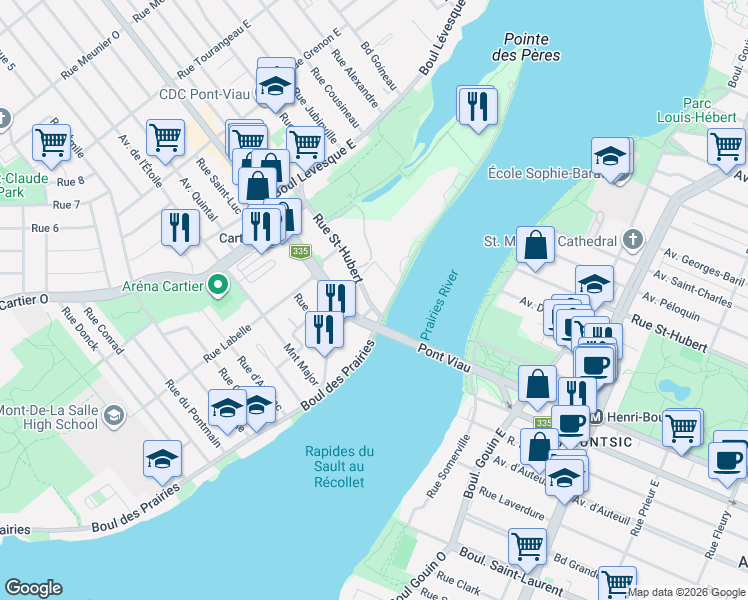 map of restaurants, bars, coffee shops, grocery stores, and more near 11 Rue Saint-Hubert in Laval