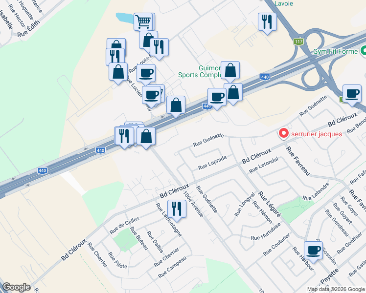 map of restaurants, bars, coffee shops, grocery stores, and more near 4651 Rue Guénette in Laval