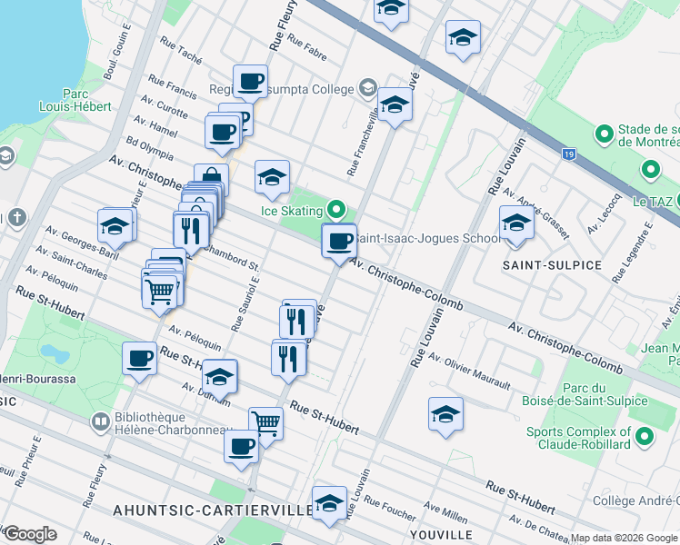 map of restaurants, bars, coffee shops, grocery stores, and more near 1358 Rue Sauvé Est in Montréal