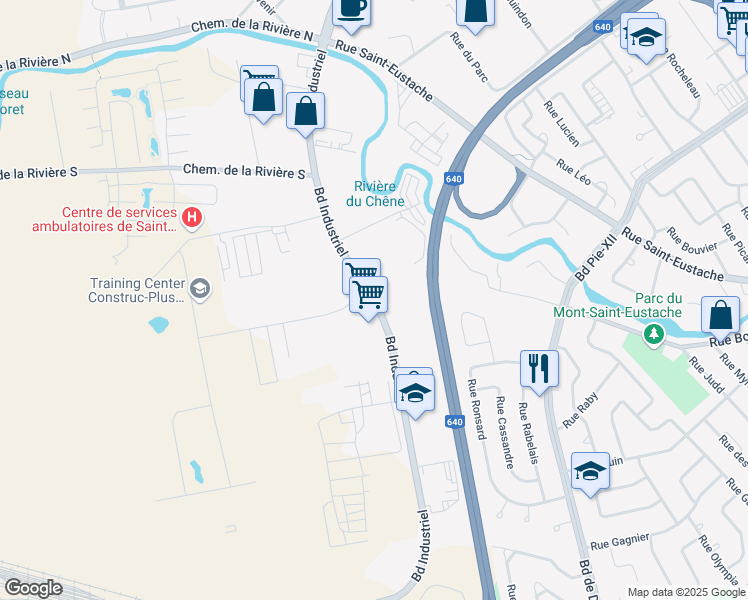 map of restaurants, bars, coffee shops, grocery stores, and more near Boulevard Industriel in Saint-Eustache