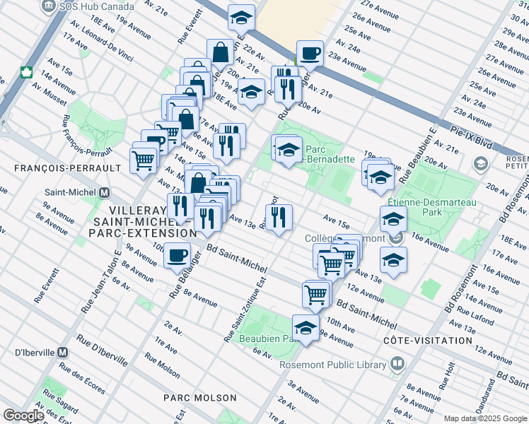 map of restaurants, bars, coffee shops, grocery stores, and more near in Montreal