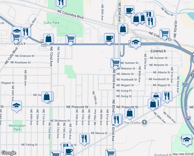 map of restaurants, bars, coffee shops, grocery stores, and more near 4915 Northeast 79th Avenue in Portland