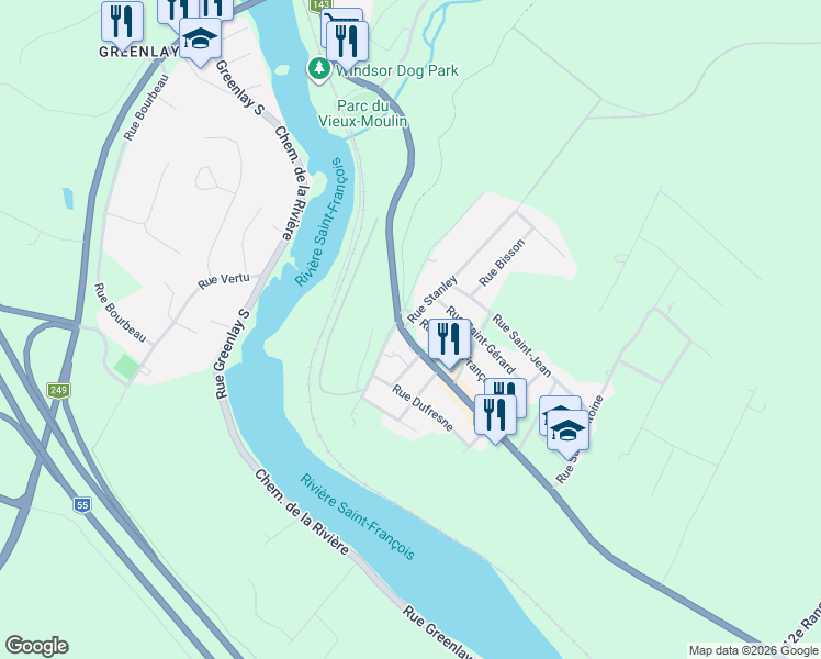 map of restaurants, bars, coffee shops, grocery stores, and more near Rue Principale Sud in Windsor