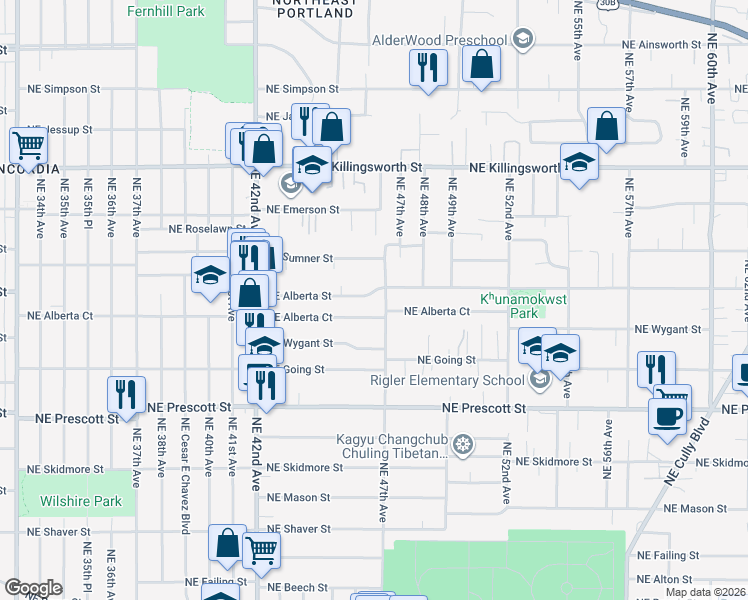 map of restaurants, bars, coffee shops, grocery stores, and more near 4632 Northeast Alberta Street in Portland