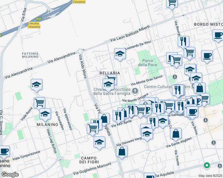 map of restaurants, bars, coffee shops, grocery stores, and more near 22 Via Monte Spluga in Cinisello Balsamo
