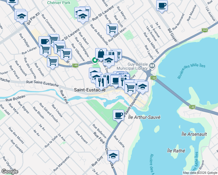 map of restaurants, bars, coffee shops, grocery stores, and more near 149 Rue Saint-Eustache in Saint-Eustache