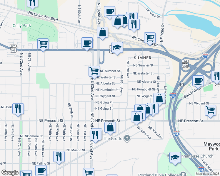 map of restaurants, bars, coffee shops, grocery stores, and more near 8425 Northeast Humboldt Street in Portland