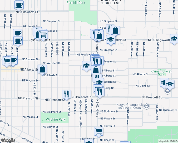 map of restaurants, bars, coffee shops, grocery stores, and more near 5125 Northeast 41st Avenue in Portland