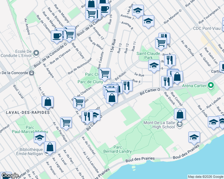 map of restaurants, bars, coffee shops, grocery stores, and more near 399 Avenue Copernic in Laval