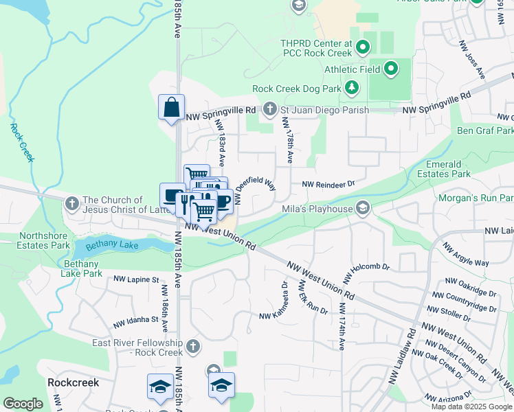 map of restaurants, bars, coffee shops, grocery stores, and more near 5416 Northwest 180th Place in Portland