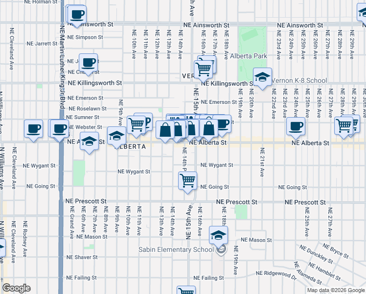 map of restaurants, bars, coffee shops, grocery stores, and more near 4975 Northeast 14th Place in Portland