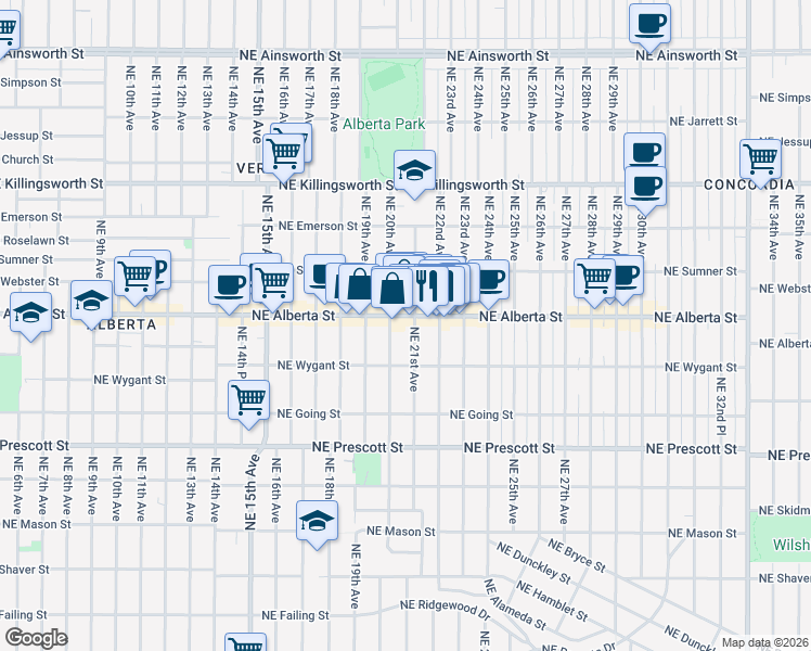 map of restaurants, bars, coffee shops, grocery stores, and more near 5034 Northeast 20th Avenue in Portland