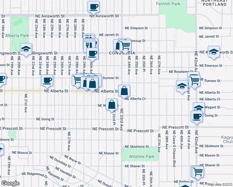 map of restaurants, bars, coffee shops, grocery stores, and more near 5037 Northeast 33rd Avenue in Portland
