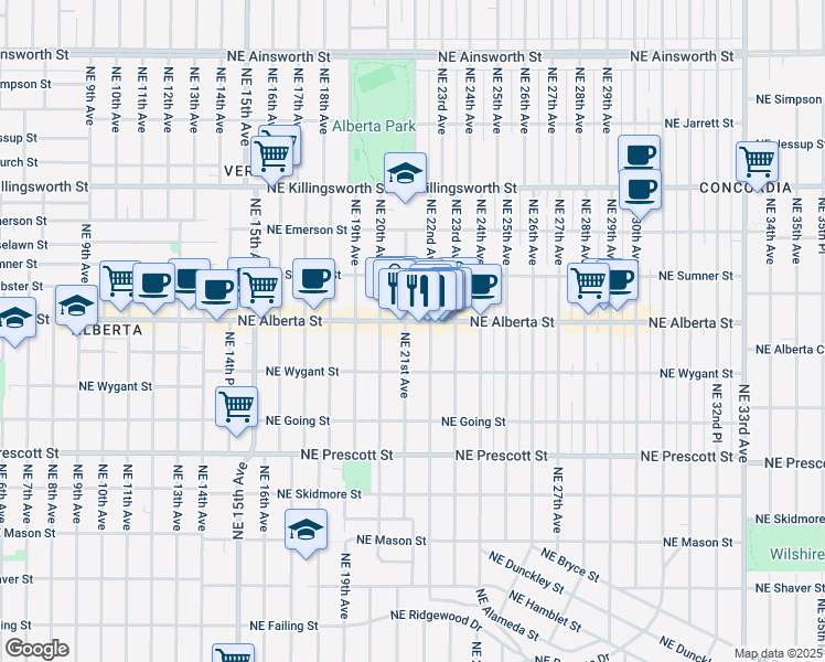 map of restaurants, bars, coffee shops, grocery stores, and more near 2210 Northeast Alberta Street in Portland