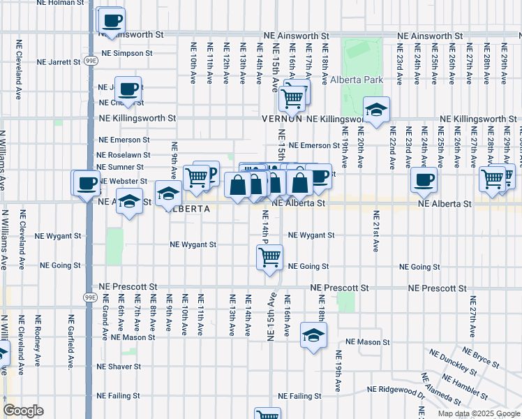 map of restaurants, bars, coffee shops, grocery stores, and more near 5024 Northeast 14th Place in Portland