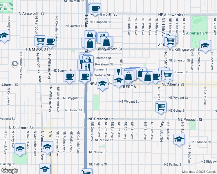 map of restaurants, bars, coffee shops, grocery stores, and more near 5025 Northeast 8th Avenue in Portland