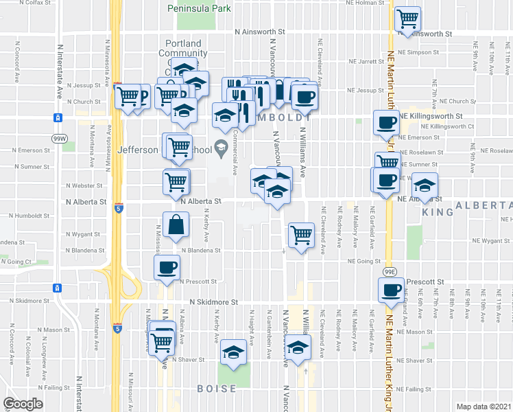 map of restaurants, bars, coffee shops, grocery stores, and more near 315 North Alberta Street in Portland