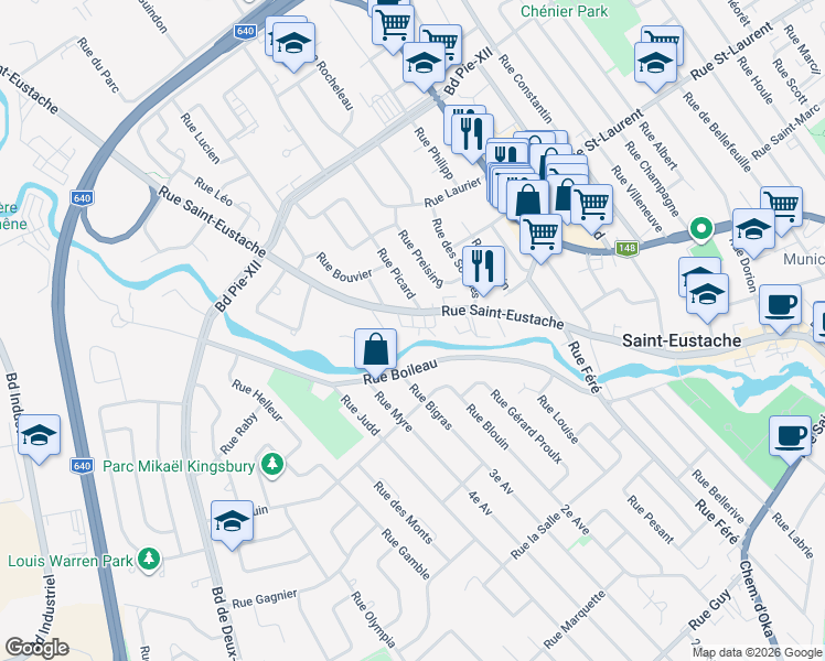 map of restaurants, bars, coffee shops, grocery stores, and more near 414 Rue Saint Eustache in Saint-Eustache
