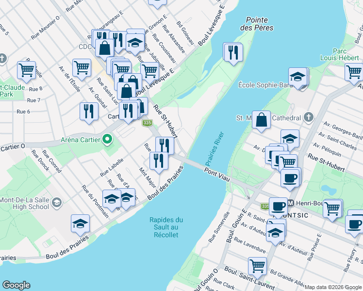 map of restaurants, bars, coffee shops, grocery stores, and more near 17 Rue Saint-Hubert in Laval
