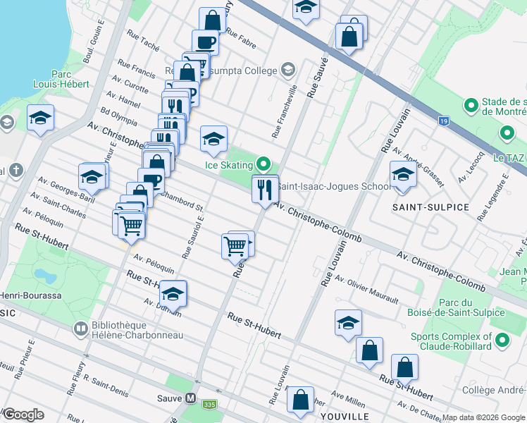 map of restaurants, bars, coffee shops, grocery stores, and more near 1358 Rue Sauvé Est in Montreal